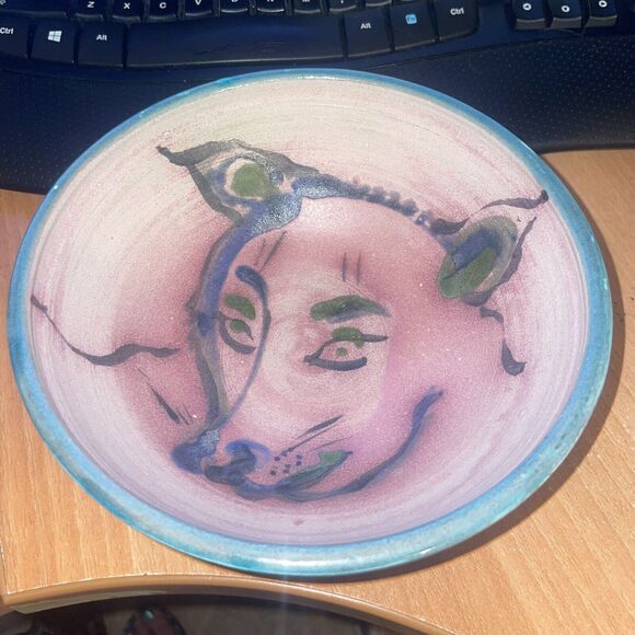 Studio Art Pottery Hand Thrown Unique Glazed Bowl with Dog Artist Signed 8" - Picture 5 of 8